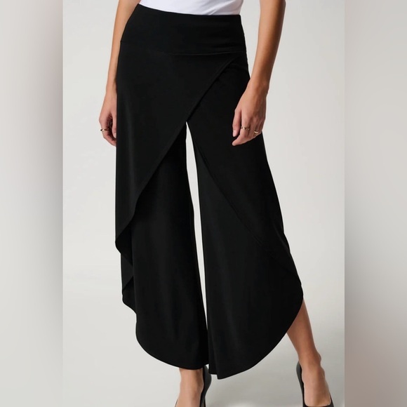 Sympli Pants - SYMPLI Sz 14 Overlay Asymmetrical Black Wide Leg Pull On Elastic Waist Pants